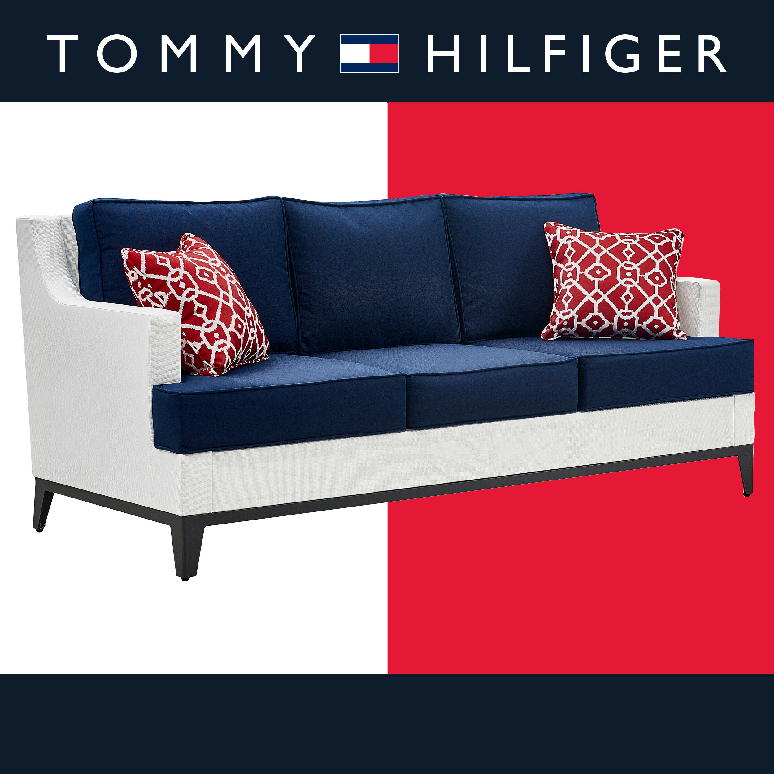 Tommy Hilfiger Hampton Outdoor Mesh Sofa with Cushions, White and Navy Reviews | Wayfair