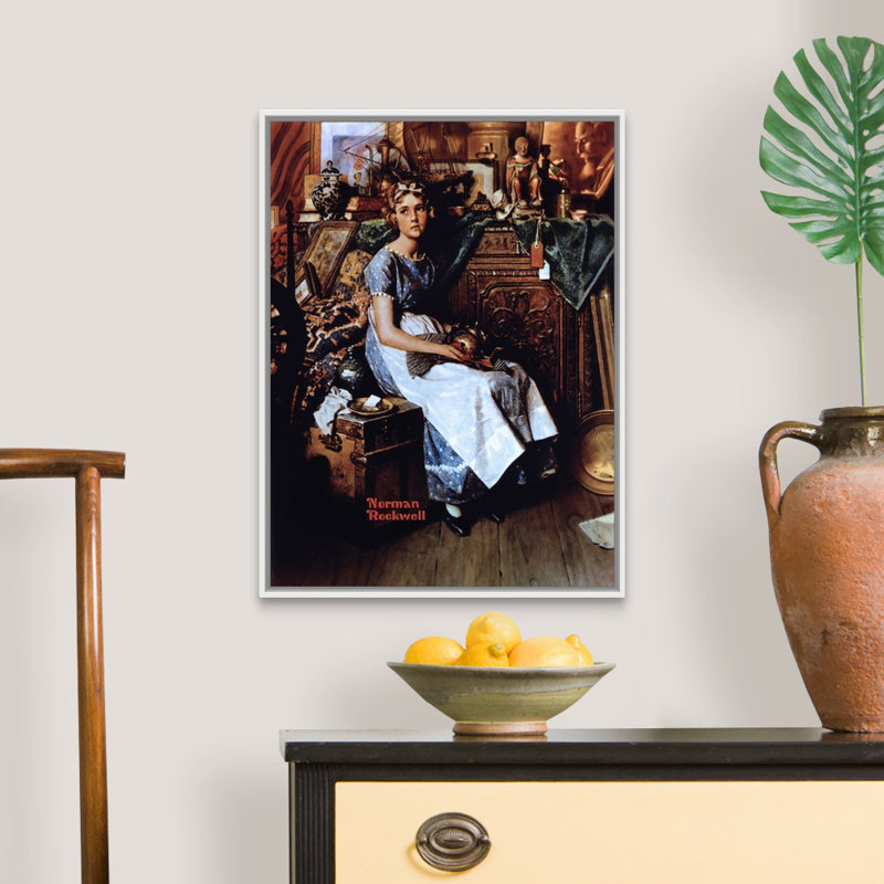 "Norman Rockwell Dreams In The Antique Shop", art mural sur toile, H 26 po x l 20 po x P 1,75 po, Cadre flottant blanc