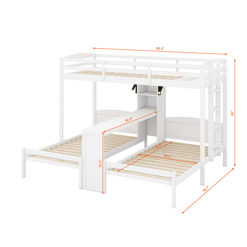 Lit superposé en bois avec bureau et tablettes de rangement, lit superposé triple 3 en 1 avec lampe de lecture à DEL, Blanc