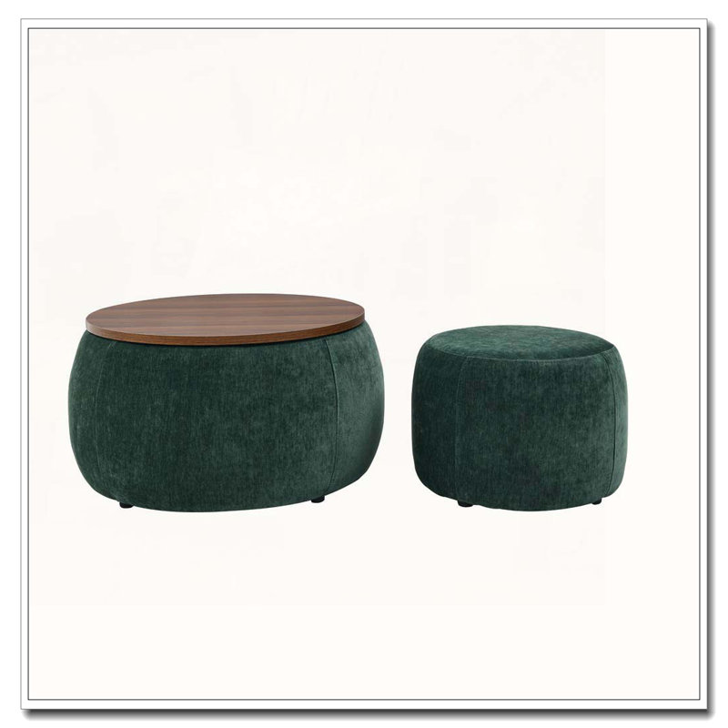 2-Piece Set Round Chenille Storage Ottoman, Equipped with a Drum Shaped Small Stool, Green