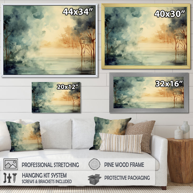 Coucher de soleil sur le lac, reproduction d'art rétro sur toile, H 30 po x l 40 po x P 1,5 po, Cadre naturel flottant