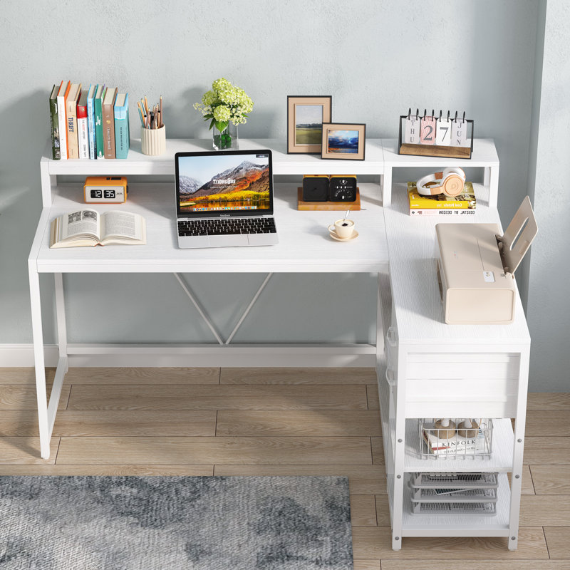 Reversible L -Shaped Computer Desk with Monitor Stand, White