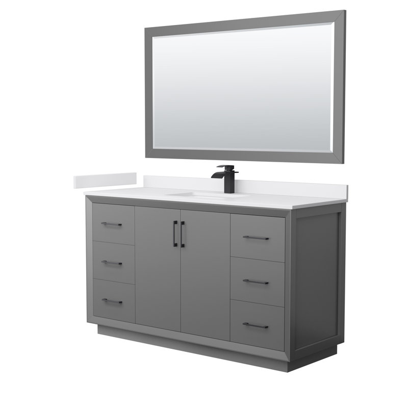 Ensemble de meuble-lavabo simple 60 po avec miroir, Gris foncé, Noir mat, Marbre de culture blanc