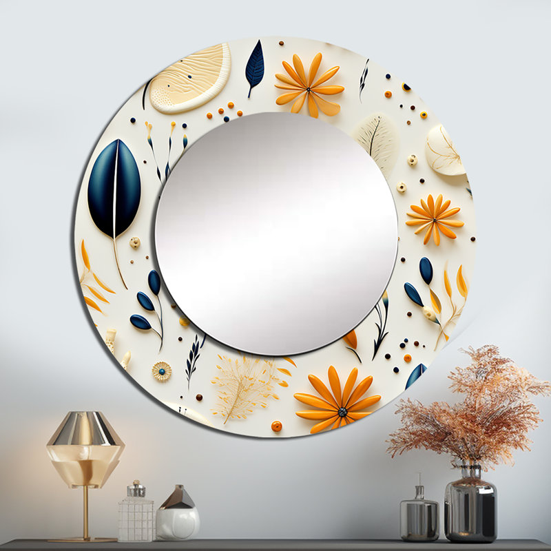 Motif de fougère minimaliste bleu et blanc Shanissa - miroir floral, miroir mural décoratif bleu, impression d'art en métal
