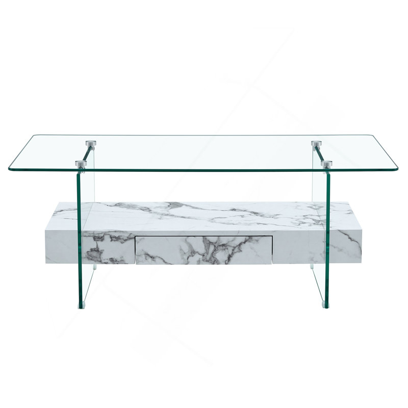 Table basse moderne à deux niveaux - verre trempé transparent et texture de marbre blanc, design de rangement multifonctionnel. L'étage inférieur comprend un tiroir. Peut être utilisé comme table basse, table d'appoint, etc.