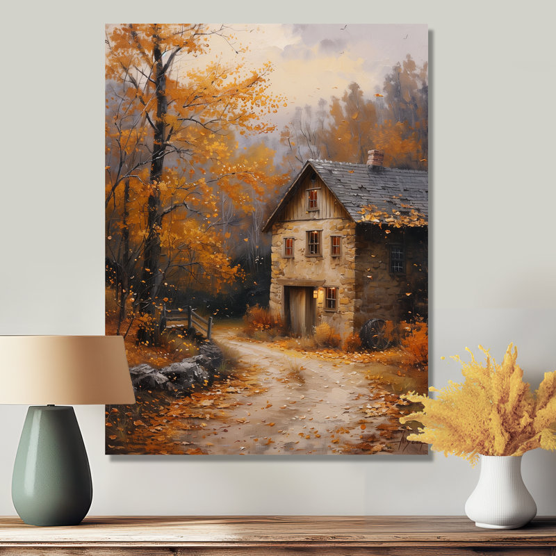 «Brown Yellow Autumn Rustic Retreat Barn» - reproduction d'art murale grange, Métal métal, H 32 po x l 16 po