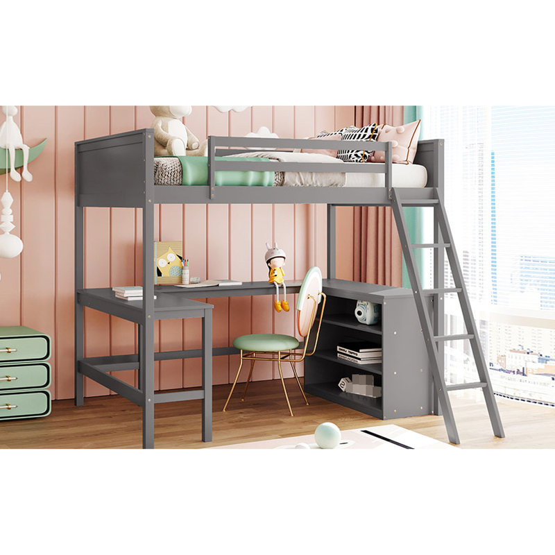 Lit mezzanine avec bureau et tablettes - gris, bois massif pour un espace supplémentaire Lit gris, chambre d'adolescent maximisée