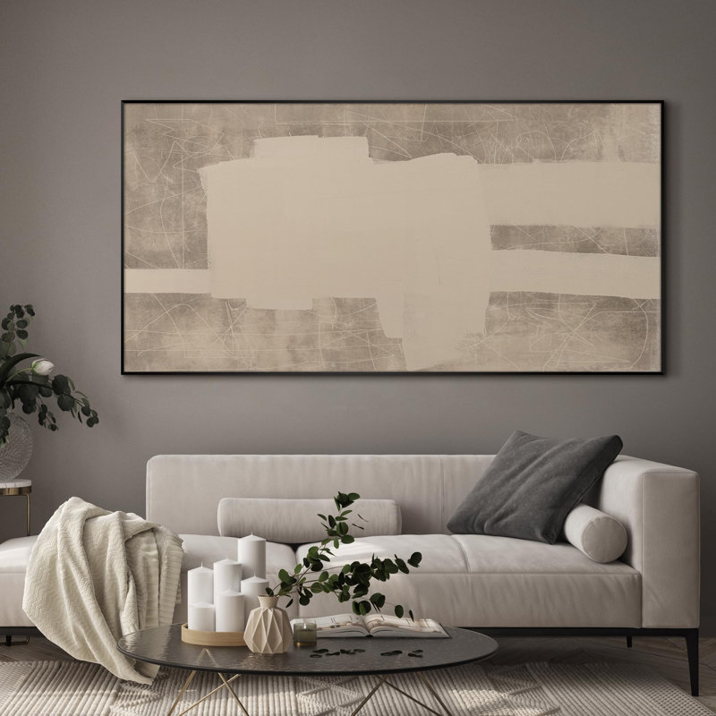 Très grande reproduction d'art sur toile - Blocs abstraits crème et beige abstraits pour le salon ou la chambre à coucher - «Assemblage requis du cadre (cadre non fini)»