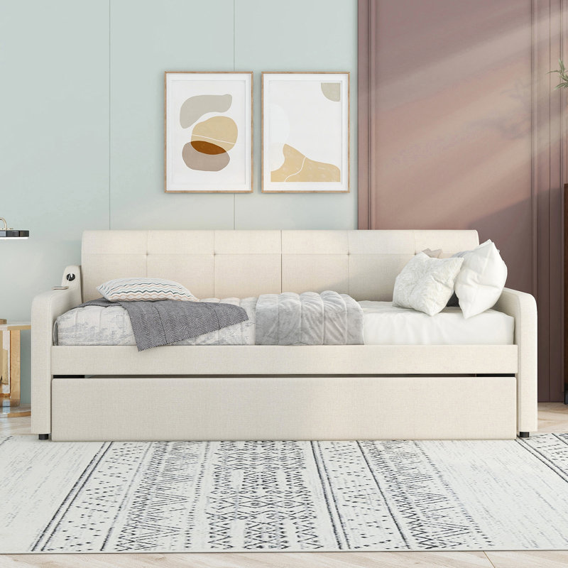 Upholstery Daybed With Trundle And USB Charging Design, Beige