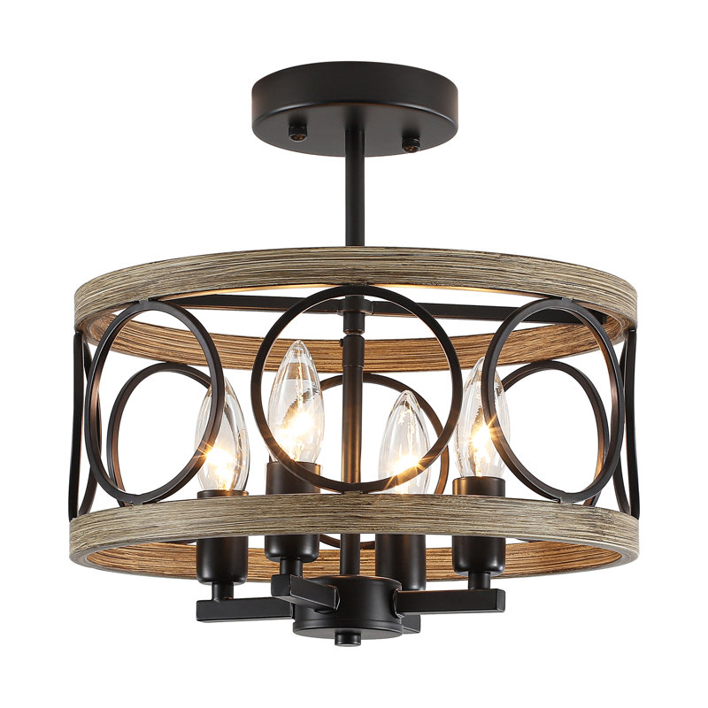 4-ligh 12.6" Dimmable Farmhouse Rustic Hollow Drum Semi-flush Mount Ceiling Light For Kitchen Island Living Room Bedroom Entryway