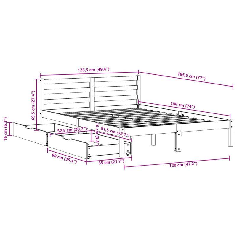 Solid Wood Storage Bed, Brown, Small Double (4')