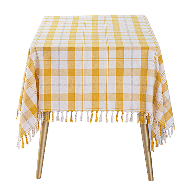 Gracie Oaks Yellow & White Plaid Cotton Blend Woven Tasseled Tablecloth, 56"x88" Rectangular, 56" x 40"