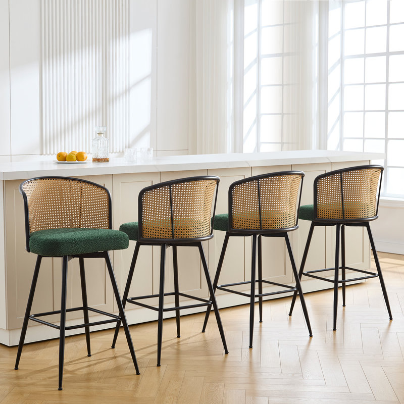 Green Boucle Fabric Swivel Bar Stools with Rattan Back and Metal Legs