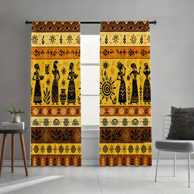 2PCS African Tribal Ethnic Sun Figure Light Filtering Rod Pocket Curtains, Boho Exotic Cultural Art Print Window Drapes, Easy Install Rod Pocket, All Season Decor for Living Room, Bedroom, Dorm, Unique Bohemian Ethnic Window Coverings