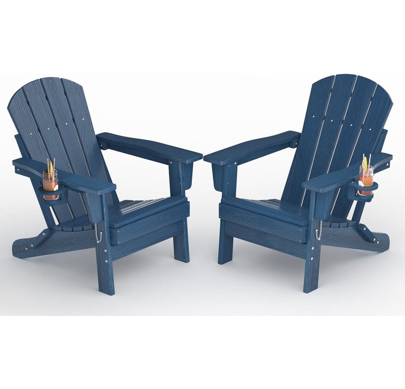 2pcs Folding HDPE Adirondack Chair with Cup Holder, Wood-Grain Texture, All-Weather Outdoor Patio Seating for Decks, Gardens, Fire Pit