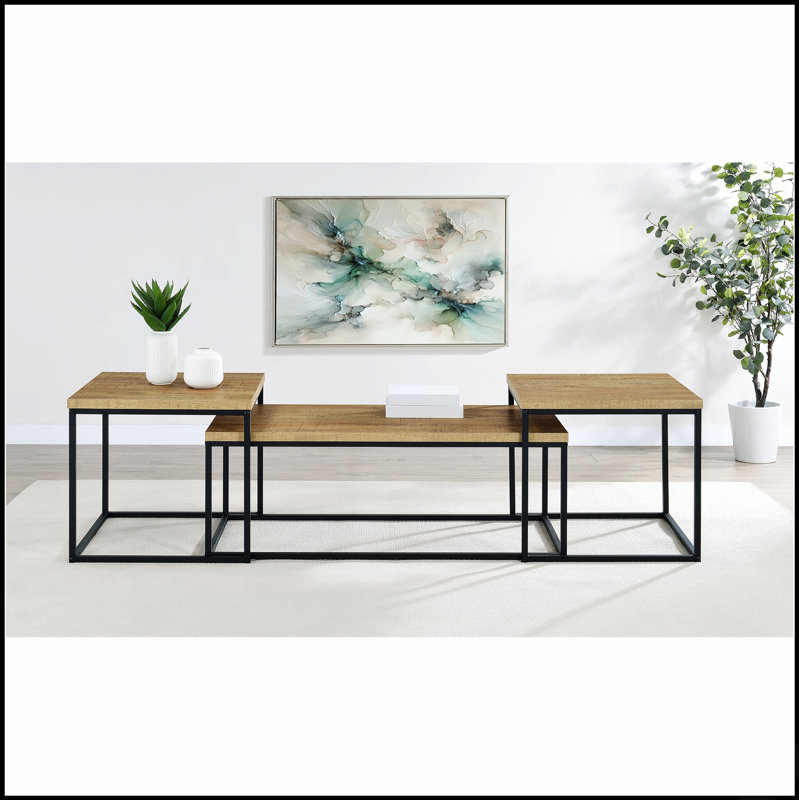 Ensemble de tables basses 3 pièces avec dessus en bois de manguier et cadres en métal noir pour une esthétique industrielle
