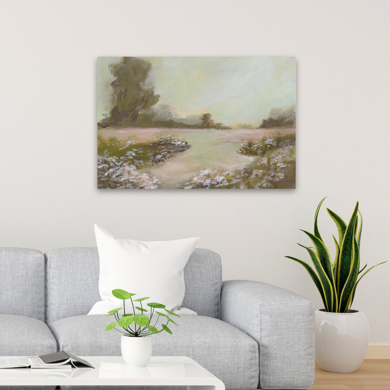 Peaceful Day - Art contemporain vert pastel sur un sentier floral, H 24 po x l 36 po