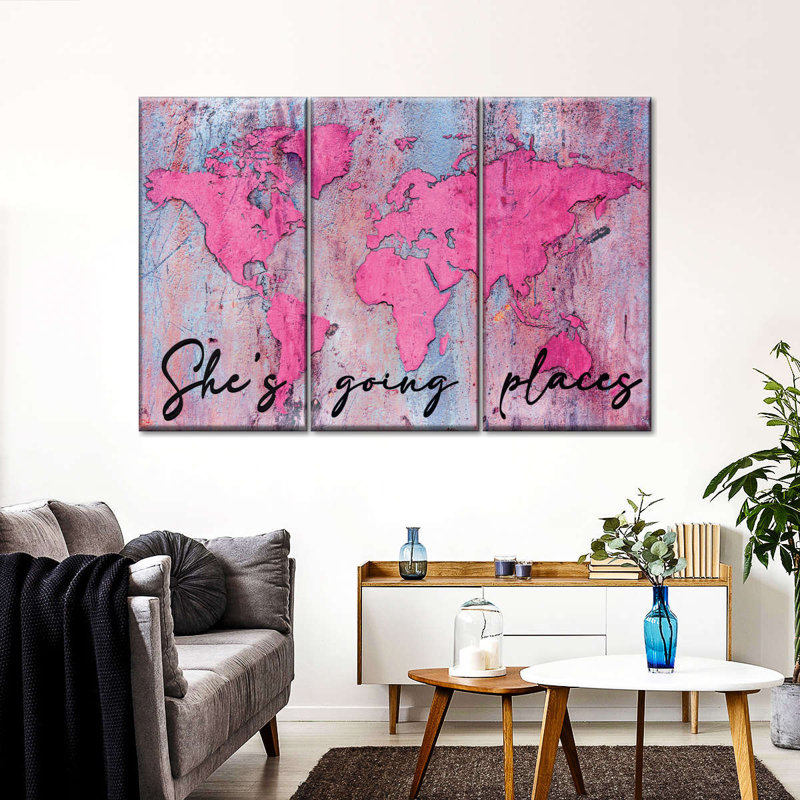 She's Going Place World Map, reproduction d'art sur toile, H 20 po x l 33 po