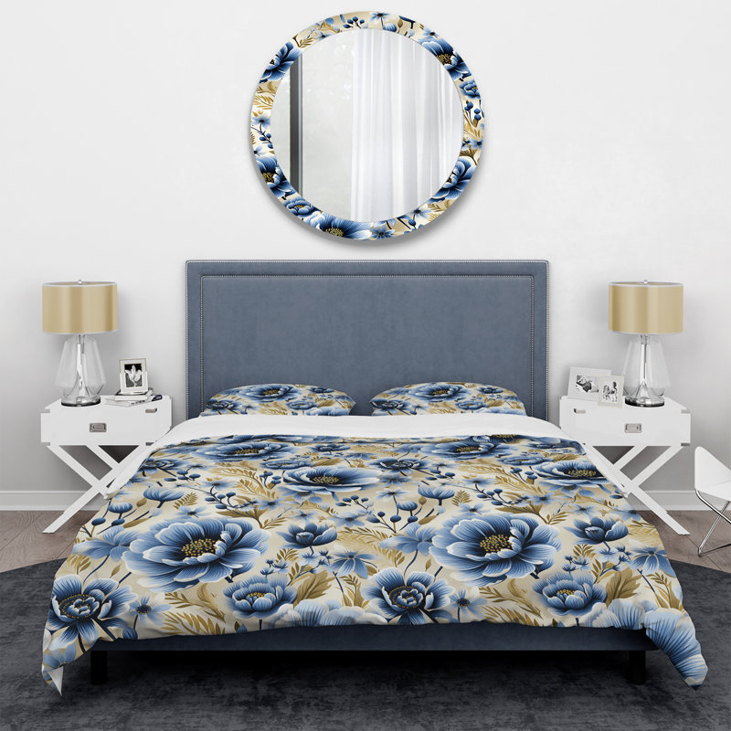 Literie rétro à motif floral bleu et beige I, Housse de couette pour grand lit et 2 taies décor