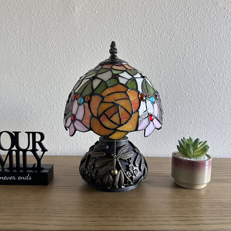 Standwood Tiffany Mini Table Lamp Red Orange Stained Glass Rose Flowers Included LED Bulb 12"H*8"W*8"D