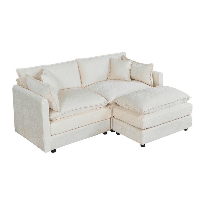 Modern Chenille Loveseat Sofa Couch With Ottoman, 33.85" H x 77.16" W x 35.82" D, Beige Chenille