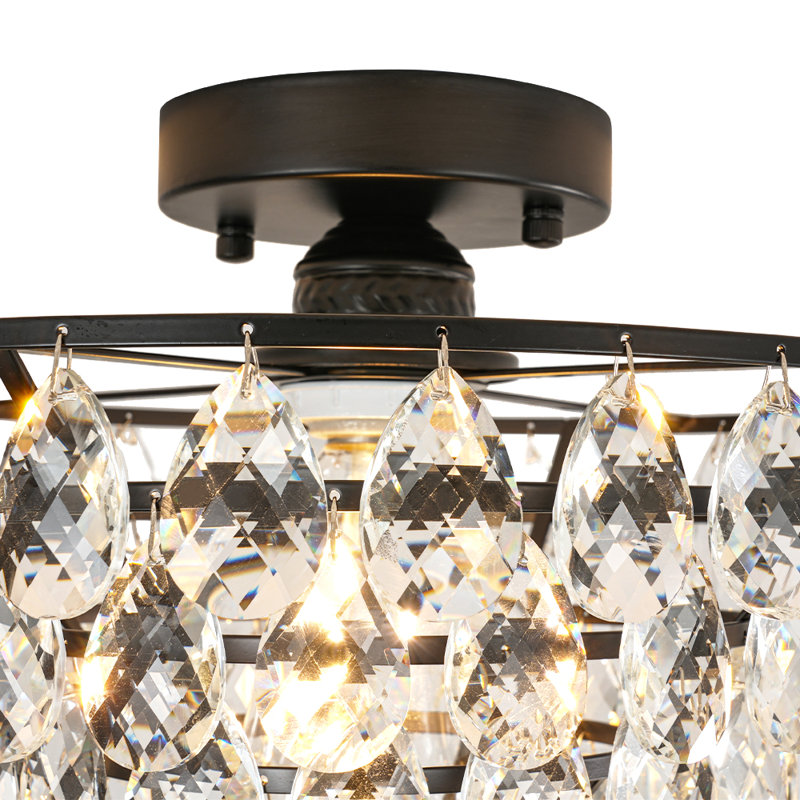 Plafonnier semi-encastré à 1 lumière en cristal 12,6 po à 1 lumière, Noir mat