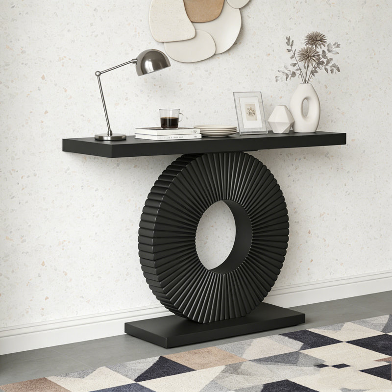 Modern Wood Sofa Table with Geometric Base, Black