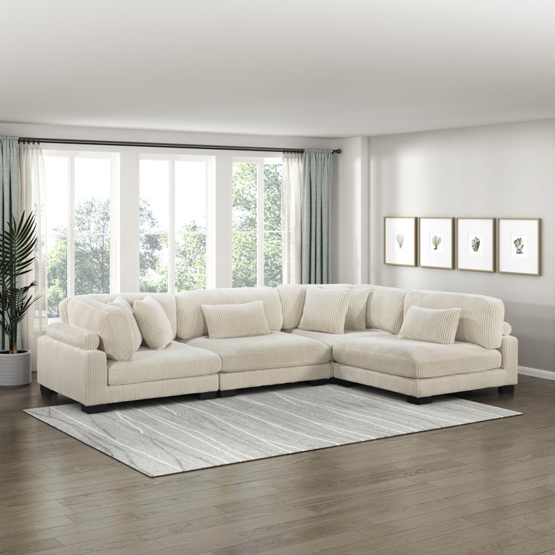 Brinsley 135" Modern Modular Sectional in Corduroy with Reversible Cushions & 6 Pillows, Beige Corduroy