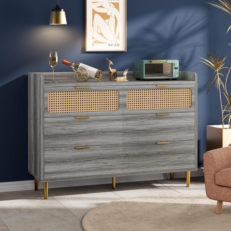 Commode moderne à 6 tiroirs pour chambre à coucher de 47 po de largeur avec commode de rangement pour commode en bois pour chambre d'enfant