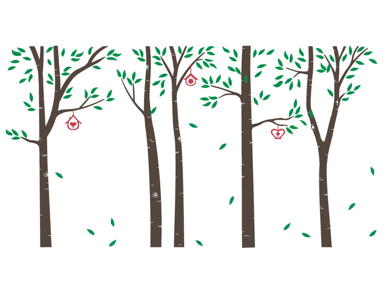 Décalcomanie murale arbres et maisons à oiseau bouleau, Brun / Vert / Rouge