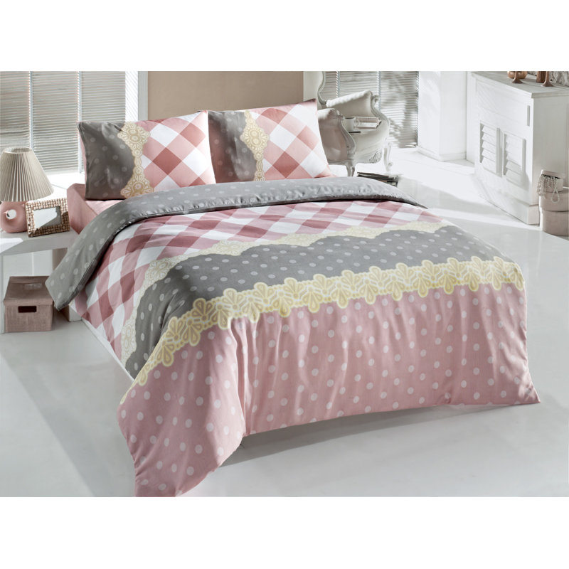 Ensemble de housse de couette en mélange de coton rose / blanc / gris Iain