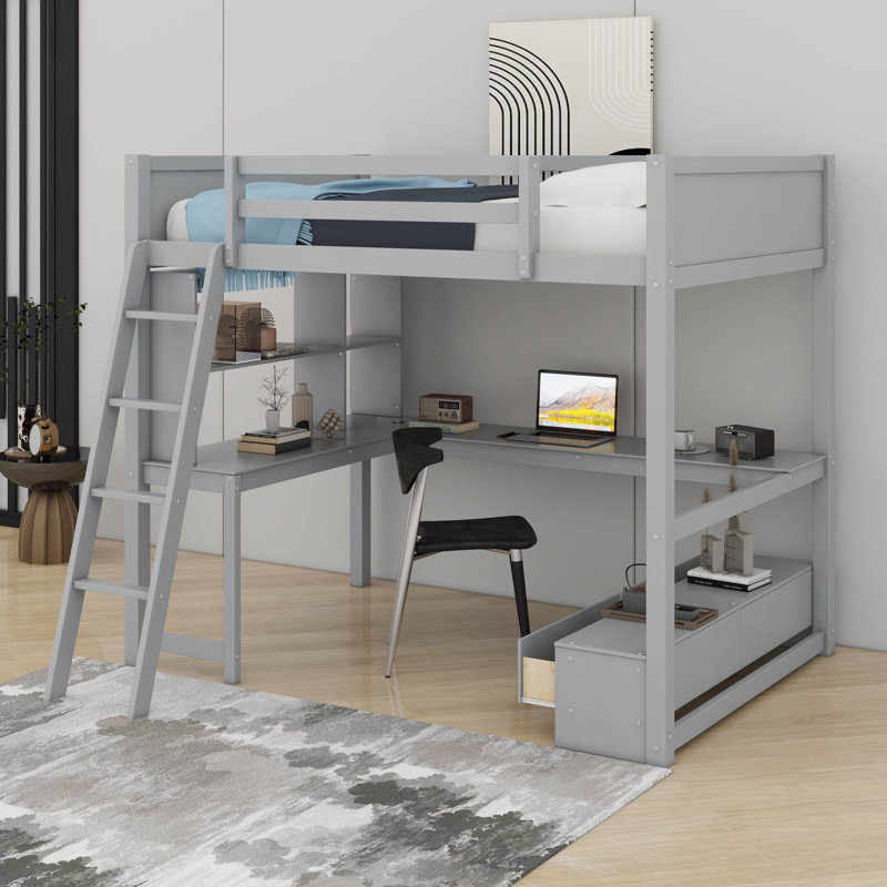 Lit mezzanine double avec bureau en L multi-rangement, lumière DEL et station de charge USB, banc de rangement avec tiroirs