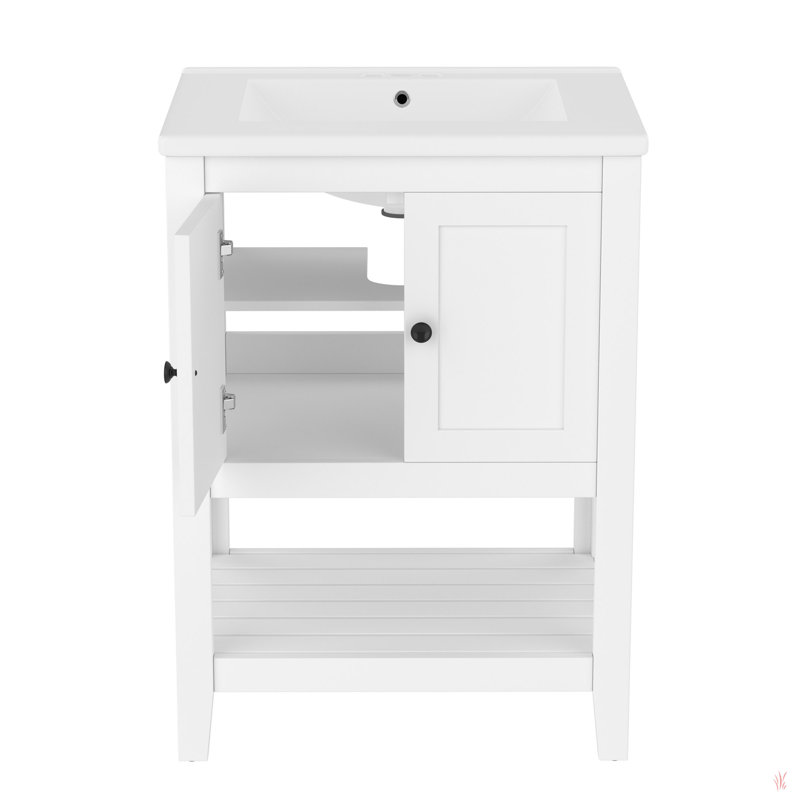 Lavabo de salle de bain moderne élégant en céramique 24 po avec tablette ouverte en bois massif, Blanc, Noir