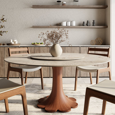Ensemble de table de salle à manger ronde en pierre avec plateau tournant rond en bois massif 360 ° pour 6-10 jainee