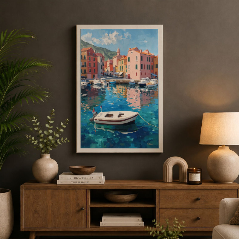 Mediterranean Harbor Coastal - Wrapped Canvas, 30x20 - 76.2 x 50.8 cm, Taupe Border