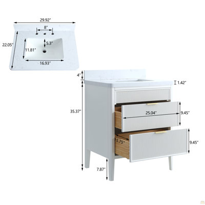 Ensemble de meuble-lavabo autoportant blanc entièrement assemblé de 30 po avec construction en bois massif et plateau en marbre d'ingénierie