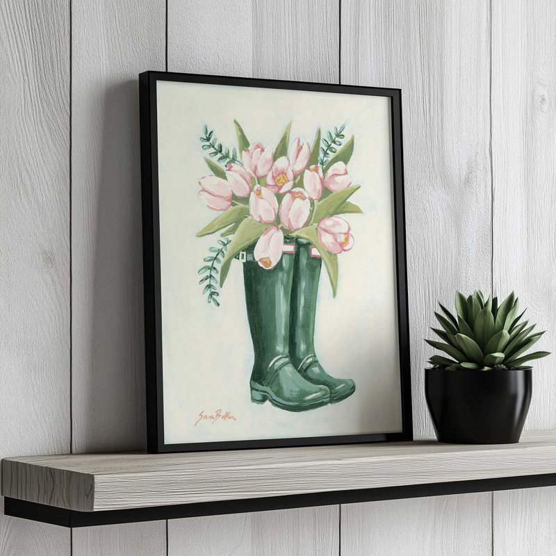 «Tulips in Rainboots 1» par Sara Baker, reproduction d'art, L 12 po x H 16 po, Brun, Impression encadrée