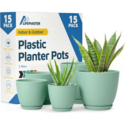 Planter Pots with Drainage Holes - Lightweight, Durable, and Space-Saving Pots for Indoor and Outdoor - Versatile Functionality, Simple Modern Design, Set of 15 Plastic Planter Pots
