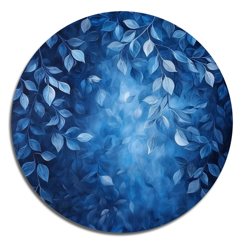 Moonlit Forest Leaves II - feuilles rondes, décoration murale en métal, impression traditionnelle en métal bleu