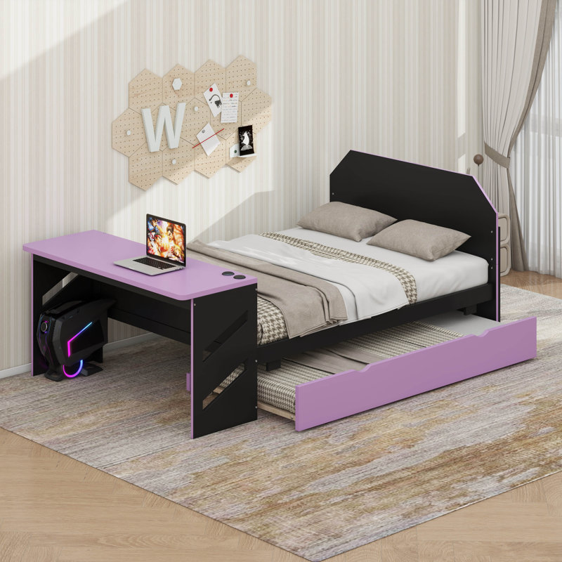 Lit de jour moderne en bois pleine grandeur avec lit gigogne simple, bureau et port USB, structure de canapé-lit plateforme élégante inspirée du jeu vidéo