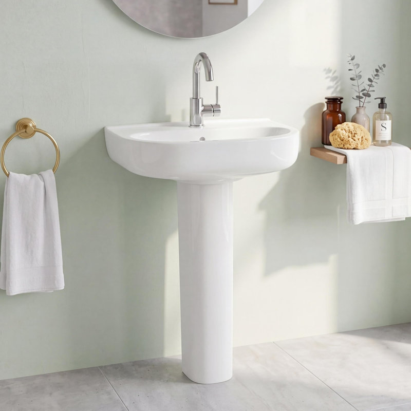 Lavabo sur pied en céramique blanche 22 po x 17 po, lavabo de salle de bain autoportant avec trop-plein, ensemble lavabo profond pour salle de bain d'invité et salle de bain d'invités, 3 trous de 8 po