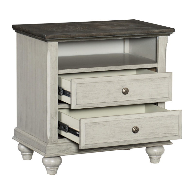 Table de chevet grise avec plateau brun foncé et 2 tiroirs de rangement pour table d'appoint de style moderne bicolore
