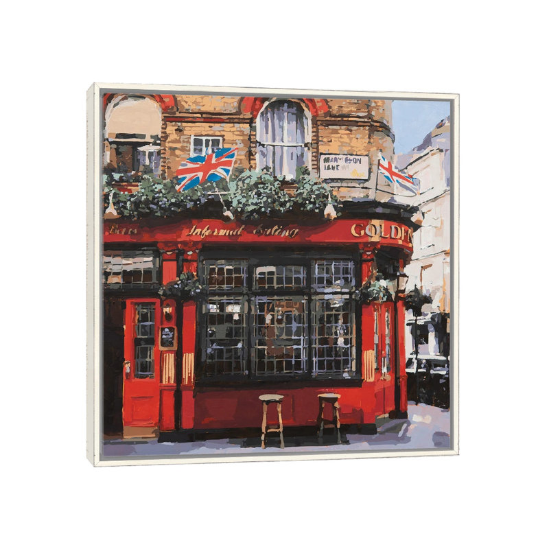 UK Golden pub - reproduction d'art murale - toile encadrée, 26" x 26", Framed Canvas, Blanc patiné