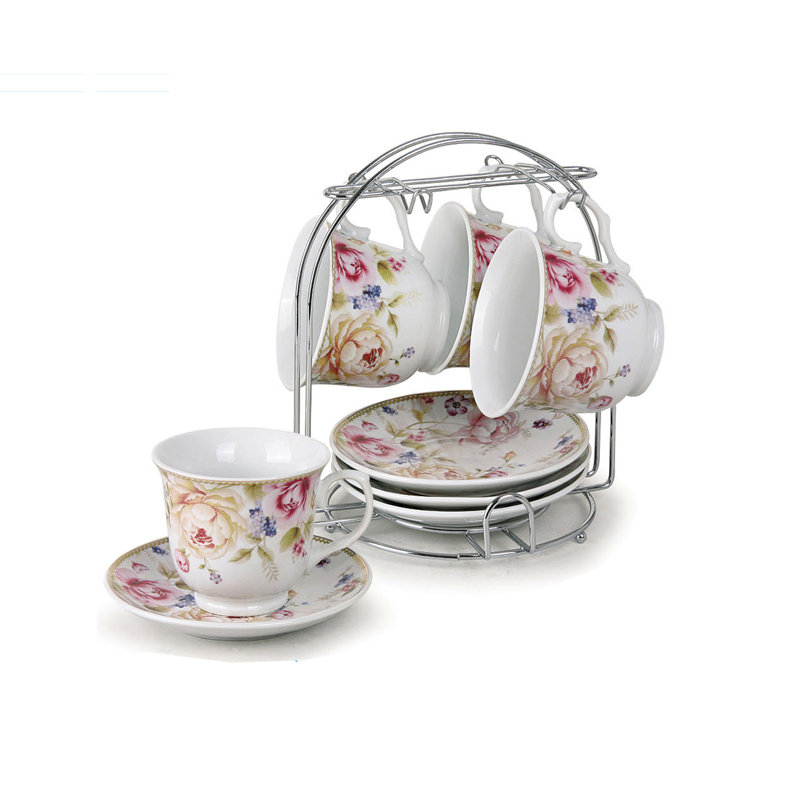 Ensemble de 4 tasses à thé et soucoupes Lorren Home Trends, Rose / fleur blanche