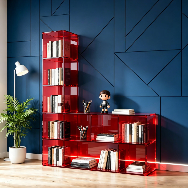 Bibliothèque moderne en acrylique rouge, (5 tablettes) H 49,21 po x l 47,24 po x P 11,81 po