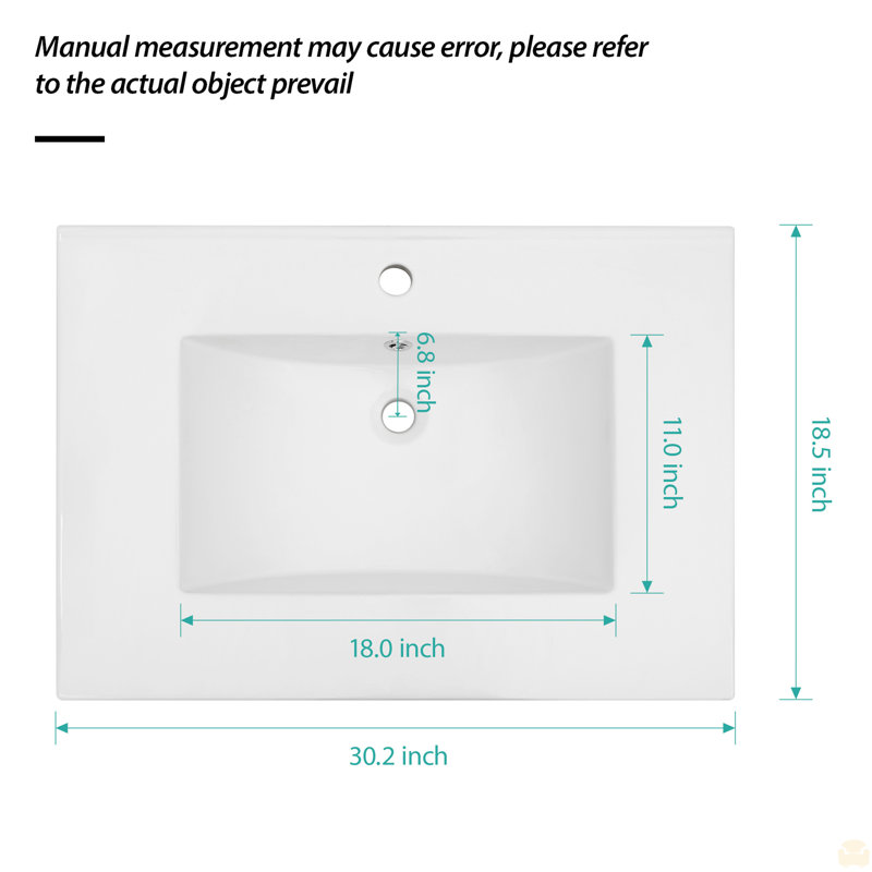 Comptoir de meuble-lavabo simple 30,2 "x 18,5" avec 1 trou de robinet et trop-plein (lavabo seulement)
