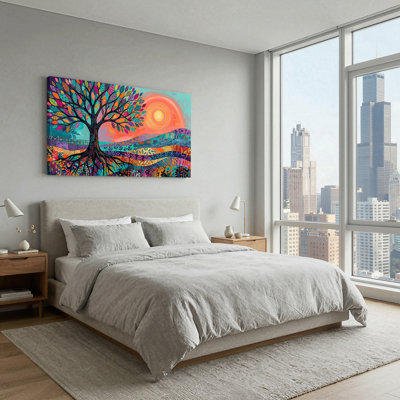 Art mural sur toile avec motif de soleil tourbillonnant orange et montagnes superposées