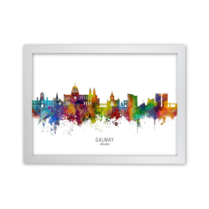 Galway Ireland Skyline by Michael Tompsett - Print, 34cm H x 46cm W x 3cm D, White Framed