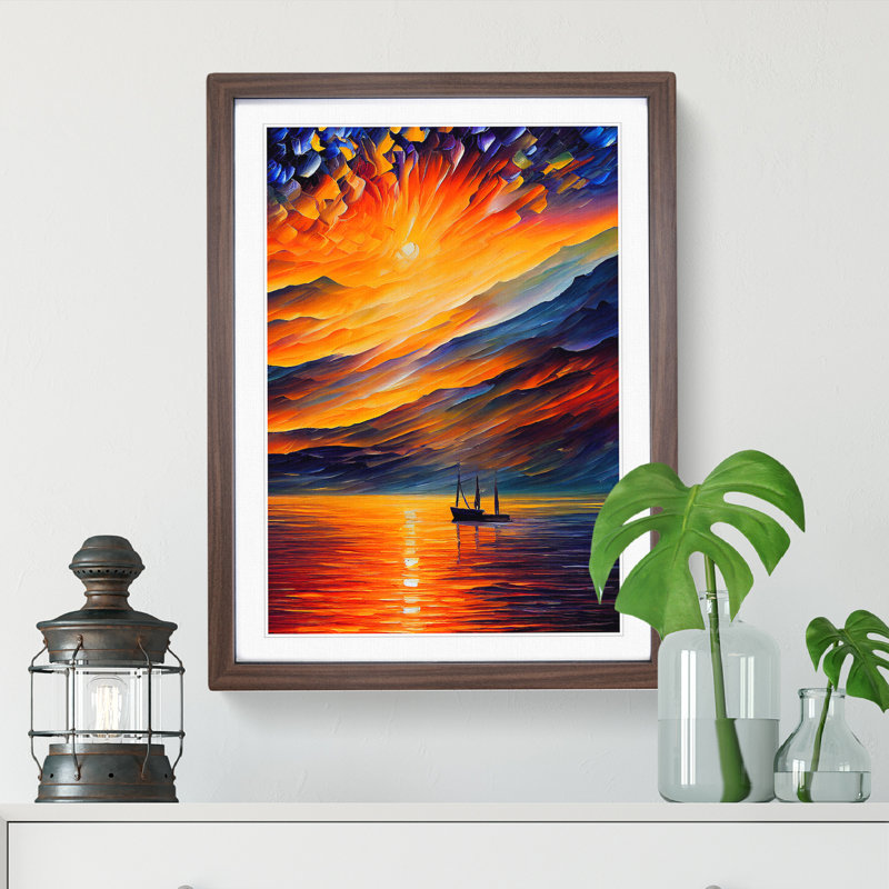Boats Under The Sunset No.6 - Painting, 36cm H x 27cm W x 2cm D, White, Walnut Framed