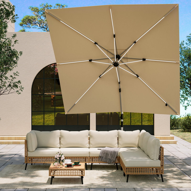 Gentle Chic 120" Patio 10FT Outdoor Cantilever Umbrella with LED Lights, Khaki